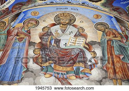 Stock Image - Paintings By Zahari Zograf On The Outer Walls Of The Rila Monastery, Blagoevgrad, Bulgaria. Fotosearch