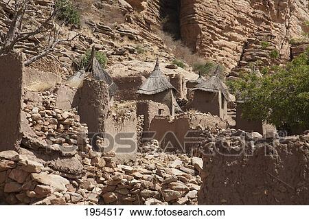 Stock Photo - Panorama of Irelli Village, set in the Bandiagara Escarpment, Mali. Fotosearch