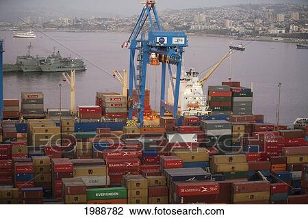 Stock Image - Panorama Of The Port From Cerro Artilleria At Dusk, Valparaiso, Valparaiso Region, Chile. Fotosearch