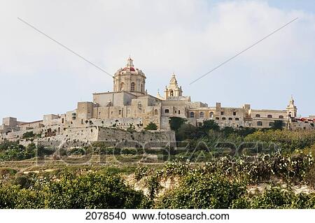 Stock Image - Panoramic View Of Mdina With Cathedral Of Saint Peter & Saint Paul From The Countryside Below, Mdina, Malta. Fotosearch