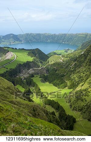 Panoramic view of Sete Cidades; Ponta Delgada, Sao Miguel, Azores, Portugal View Large Photo Image Stock Photograph - Panoramic view of Sete Cidades; Ponta Delgada, Sao Miguel, Azores, Portugal. Fotosearch