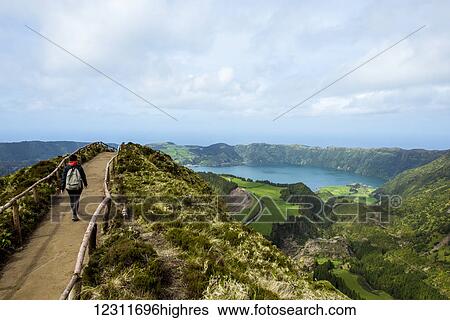 Panoramic view of Sete Cidades; Ponta Delgada, Sao Miguel, Azores, Portugal View Large Photo Image Stock Photograph - Panoramic view of Sete Cidades; Ponta Delgada, Sao Miguel, Azores, Portugal. Fotosearch