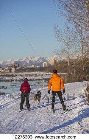 Stock Image - People cross country ski and skijor with an Alaska Husky on the Tony Knowles Coastal Trail near Earthquake Park with Anchorage skyline in the background, Cook Inlet, Southcentral Alaska. Fotosearch