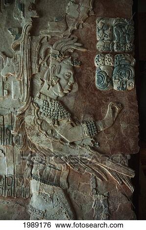 Stock Photograph - Polychrome Stucco Panel From Temple Xix Showing The Ruler U Pakal K'inich, Alberto Ruz Lhuillier Site Museum, Palenque, Chiapas, Mexico. Fotosearch