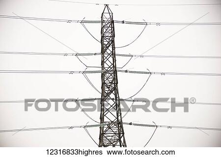 Stock Photograph - Power transmission tower and wires, near Kincardine; Scotland. Fotosearch