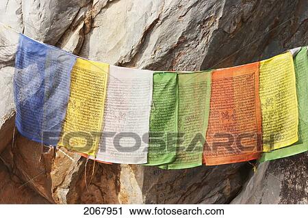 Stock Image - Prayer Flags On Gridhrakuta Hill, Rajgir, Bihar, India. Fotosearch