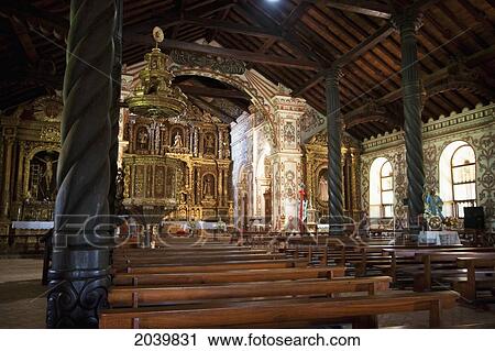 Stock Image - Pulpit And Main Altar With Gilded And Polychrome Wood Images Carved In The Mestizo-Baroque Style, Jesuit Mission Of San Miguel De Velasco, Santa Cruz Department, Bolivia. Fotosearch