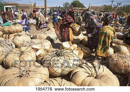 Stock Photo - Pumpkin vessels for sales at the Monday Market, Djenne, Mali. Fotosearch