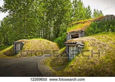 Stock Photography - Qasgiq, the Men's House at Yup’ik & Cup’ik Village site, Alaska Native Heritage Center, Anchorage, Southcentral Alaska, Summer.. Fotosearch