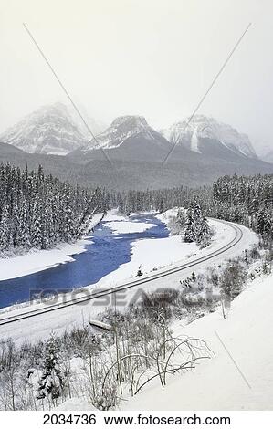 Railroad Tracks At Morant's Curve Along The Bow River Looking West, Banff National Park, Alberta View Large Photo Image Stock Photograph - Railroad Tracks At Morant's Curve Along The Bow River Looking West, Banff National Park, Alberta. Fotosearch