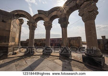 Stock Photograph - Reconstructed arches and columns of Zvartnots Cathedral; Vagharshapat, Armavir Province, Armenia. Fotosearch