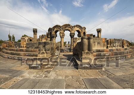 Stock Photograph - Reconstructed arches and columns of Zvartnots Cathedral; Vagharshapat, Armavir Province, Armenia. Fotosearch