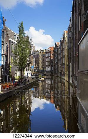 Picture - Reflections of buildings in a canal; Amsterdam, Holland. Fotosearch