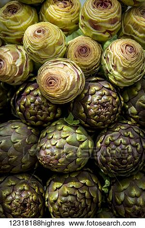 Stock Photograph - Roman artichokes for sale at Testaccio Food Market; Rome, Italy. Fotosearch