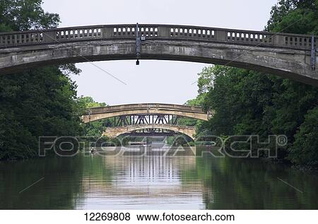 Stock Photo - Rowers and row boats under many antique bridges; Pittsford, New York, United States of America. Fotosearch