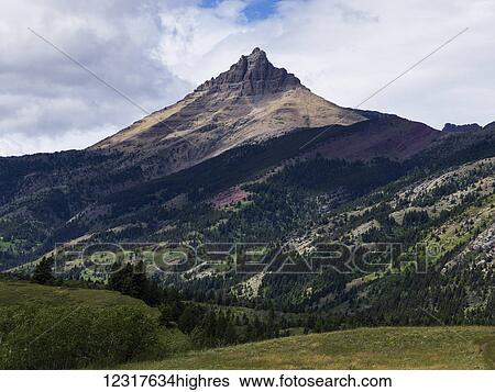 Stock Photograph - Rugged mountain peak of a mountain and forested slopes, Waterton Lakes National Park; Alberta, Canada. Fotosearch