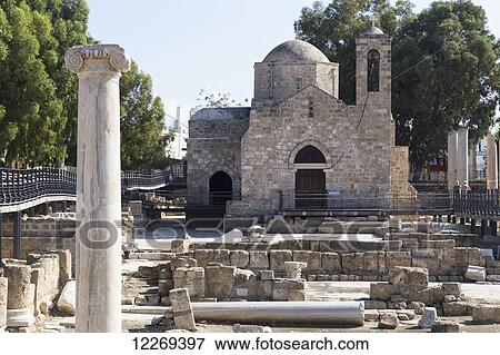 Stock Photo - Ruins and a church building; Paphos, Cyprus. Fotosearch
