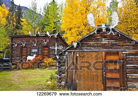 Stock Photo - Rustic cabins at Ellis' Devil Mountain Lodge at the end of Nabesna Road, Wrangell-St. Elias National Park & Preserve, Southcentral Alaska, Autumn.. Fotosearch