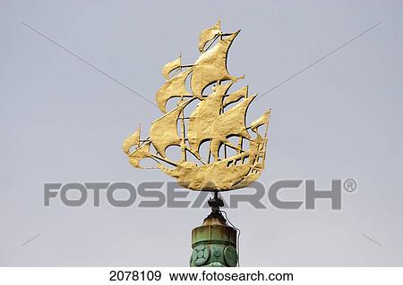 Stock Photo - Sailing-Ship-Shaped Weathervane Atop The Hotel New York, Rotterdam, Netherlands. Fotosearch
