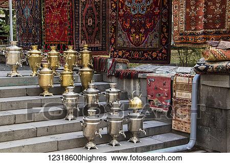 Stock Photograph - Samovars for sale at the Vernissage Market; Yerevan, Armenia. Fotosearch