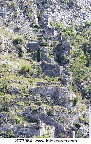 San Giovanni Fortress Surrounds The Town Of Kotor. The Walls Surrounding The Town Are 5 Kilometers Long And Can Be Up To Twenty Meters Tall., Monte View Large Photo Image Picture - San Giovanni Fortress Surrounds The Town Of Kotor. The Walls Surrounding The Town Are 5 Kilometers Long And Can Be Up To Twenty Meters Tall., Monte. Fotosearch