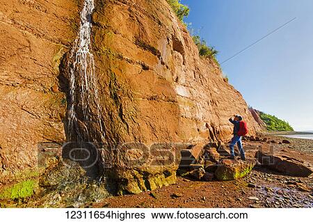 Stock Photograph - Sandstone cliffs at low tide, Cape Blomidon Provincial Park in the Minas Basin, Bay of Fundy; Nova Scotia, Canada. Fotosearch