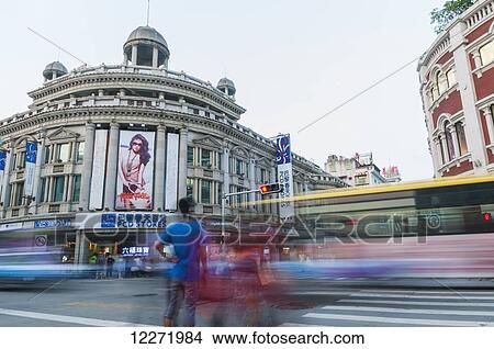 Picture - Scene of Zhong Shan Road in Xiamen's downtown, long exposure capture; Xiamen, Fujian Province, China. Fotosearch
