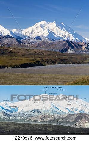Stock Photograph - Scenic view of Mt. McKinley from Eielson Visitor Center with a tourist information board in the foreground in Denali National Park, Interior Alaska, Summer, USA.. Fotosearch