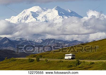 Scenic view of Mt. McKinley with the Denali Hybrid Bus shuttle in the foreground in Denali National Park, Interior Alaska, Summer, USA. View Large Photo Image Stock Photography - Scenic view of Mt. McKinley with the Denali Hybrid Bus shuttle in the foreground in Denali National Park, Interior Alaska, Summer, USA.. Fotosearch