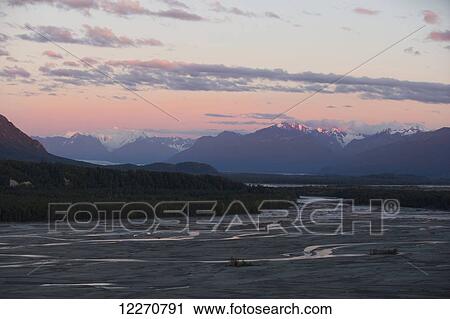 Scenic view of the Chugach Mountains and the Matanuska River at sunset, Mat-Su Valley, Southcentral Alaska, Autumn View Large Photo Image Stock Image - Scenic view of the Chugach Mountains and the Matanuska River at sunset, Mat-Su Valley, Southcentral Alaska, Autumn. Fotosearch