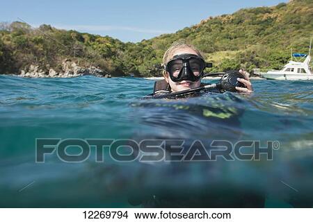 Picture - Scuba diver at the surface of the water; Ixtapa-Zihuatanejo, Guerrero, Mexico. Fotosearch