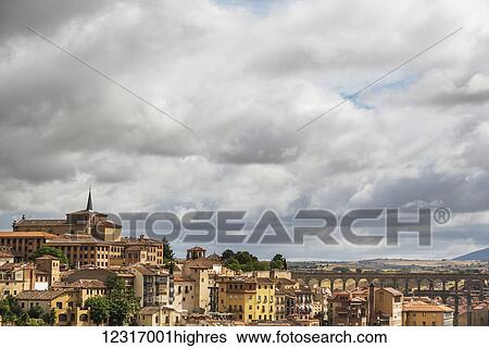 Stock Photograph - Segovia's Aqueduct is one of the architectural symbols of Spain, built in the 2nd Century A. D; Segovia city, Castilla Leon, Spain. Fotosearch