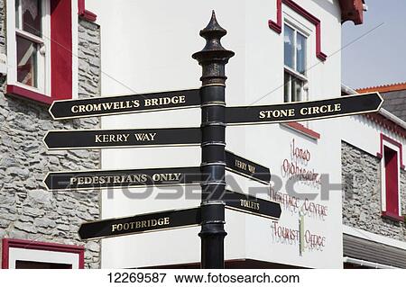 Stock Photo - Sign post with signs for various destinations in town; Kenmare, County Kerry, Ireland. Fotosearch
