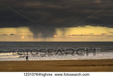 Stock Photograph - Silhouette of a person and dog walking on the beach at the water's edge under storm clouds with rain streaks and a sunset sky in the distance over the ocean; South Shields, Tyne and Wear, England. Fotosearch