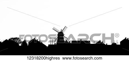 Stock Photograph - Silhouette of a skyline with a windmill and houses; Whitburn, Tyne and Wear, England. Fotosearch