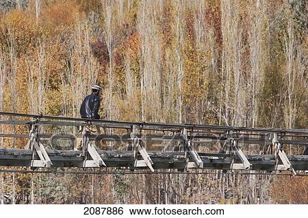 Stock Photograph - Simple Suspension Bridge Over The Shyok River, Kiris, Northern Areas, Pakistan. Fotosearch