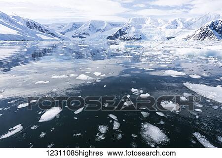Stock Photograph - Sky reflected in water around the floating ice in Neko harbour; Antarctica. Fotosearch