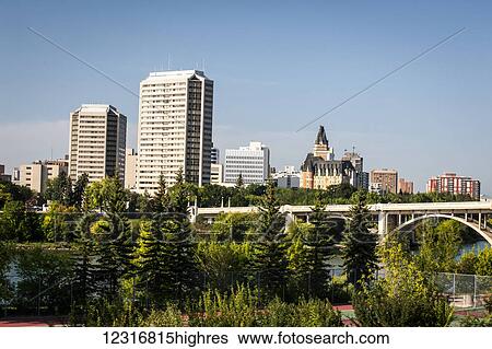 Stock Photograph - Skyline of Saskatoon; Saskatoon, Saskatchewan, Canada. Fotosearch