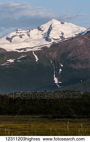Stock Photograph - Snow-capped mountain with a forest in the valley. Fotosearch