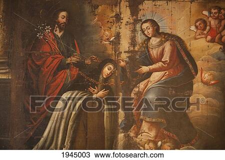 Stock Image - Spanish Colonial Painting Of The Virgin On Display At The National Museum 'casa Del Virrey Liniers' Housed In The Former Residence Of The Estancia Alta Gracia, Provincia De Córdoba, Argentina. Fotosearch