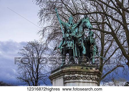 Stock Photograph - Statue of Charlemagne in front of the Notre Dame Cathedral; Paris, France. Fotosearch