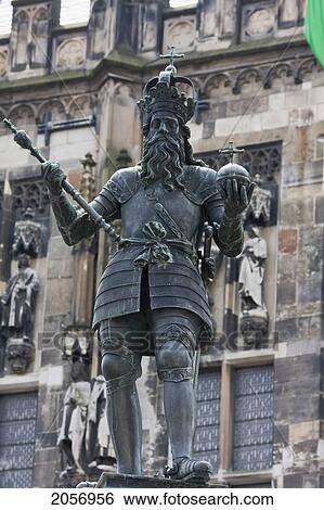 Stock Photograph - Statue Of Charlemagne In Front Of The City Hall, Aachen, Germany. Fotosearch