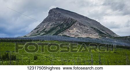 Stock Photograph - Steep sloped rock formation with lush foliage in the foreground under a cloudy sky; Babb, Montana, United States of America. Fotosearch