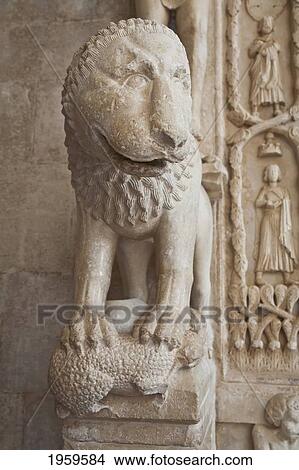 Stone Lion Of The Romanesque Portal At The Cathedral Of St. Lawrence, Trogir, Split-Dalmatia, Croatia View Large Photo Image Picture - Stone Lion Of The Romanesque Portal At The Cathedral Of St. Lawrence, Trogir, Split-Dalmatia, Croatia. Fotosearch