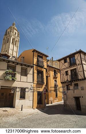 Street in the downtown of Segovia with the tower of the Cathedral as background; Segovia, Castilla Leon, Spain View Large Photo Image Stock Photograph - Street in the downtown of Segovia with the tower of the Cathedral as background; Segovia, Castilla Leon, Spain. Fotosearch