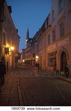 Stock Photo - Street Scene In The Old Town Of Tallinn At Night, Estonia. Fotosearch