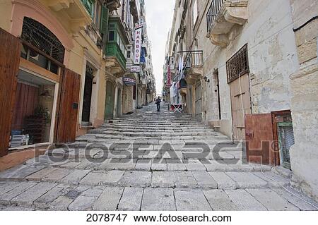 Stock Photo - Street Scene In The Old Town, Valletta, Malta. Fotosearch