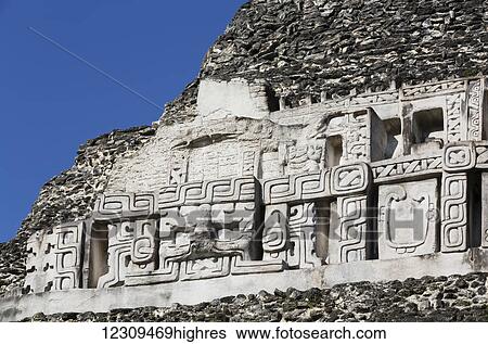 Stock Photograph - Stucco Frieze, Castillo, Xunantunich Mayan Ruins, outside San Ignacio; Belize. Fotosearch