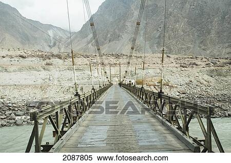 Stock Photography - Suspension Bridge Over The Indus River, Skardu, Northern Areas, Pakistan. Fotosearch