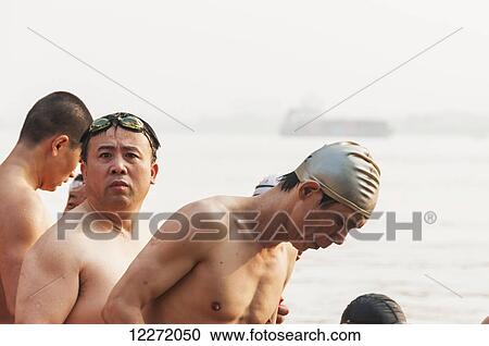 Stock Image - Swimming in the Yangtze river; Wuhan, Hubei, China. Fotosearch